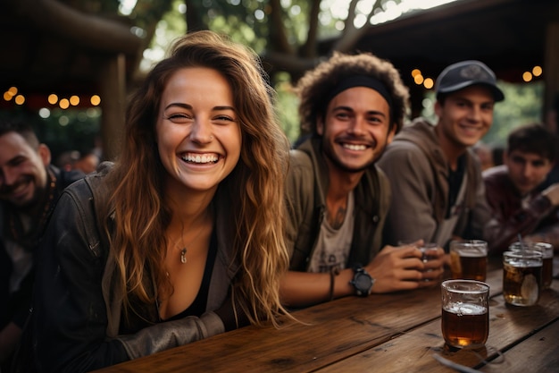 young people drinking beer outdoors in food festival