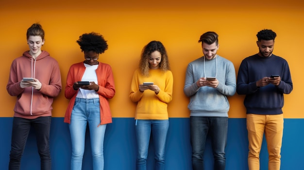 Photo young people each holding smartphone standing against a wall