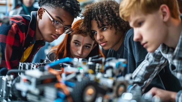 Photo young people engaged in robotics workshop technology innovation