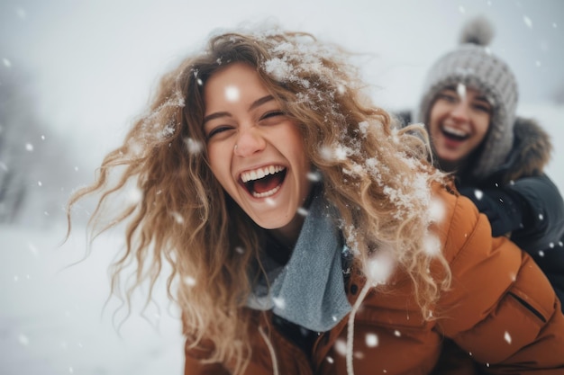 Young people friends walking in winter snowy park in winter outerwear enjoying leisure weekend