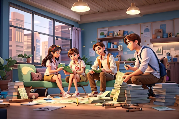 Young people get money loans at the bank 3d character illustration