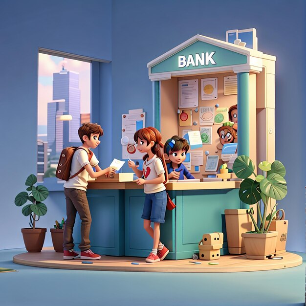 Young people get money loans at the bank 3d character illustration