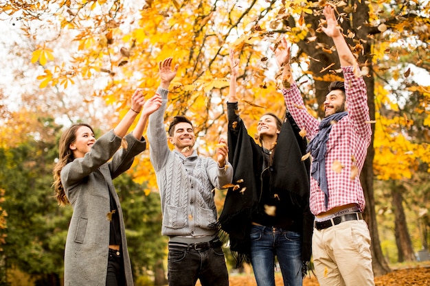 Young people having fun in the autumn park