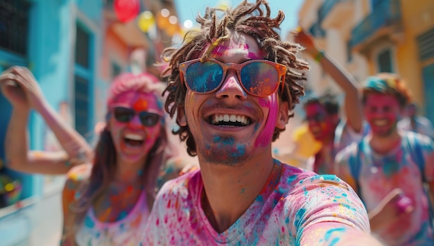 Young people having fun during Holi color festival