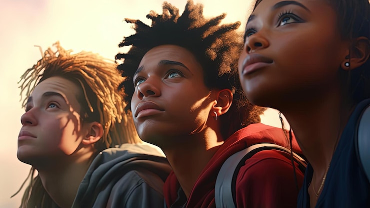 Photo young people looking in line in the style of afrofuturism