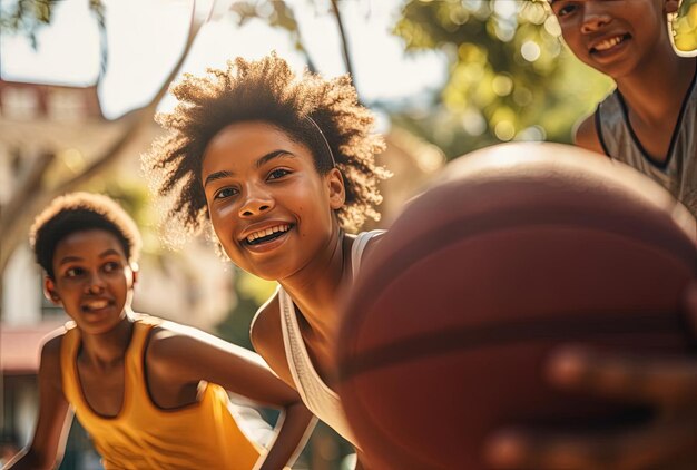 Photo young people playing basketball outdoors in the style of u image