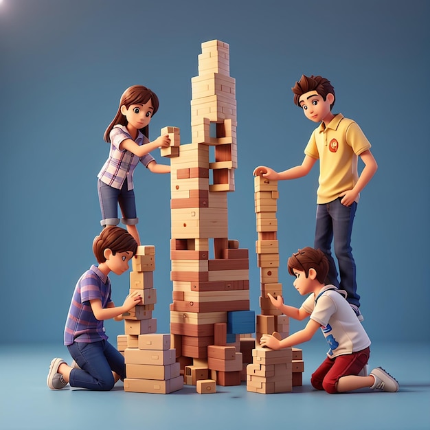 Young people playing stacking blocks 3d character illustration