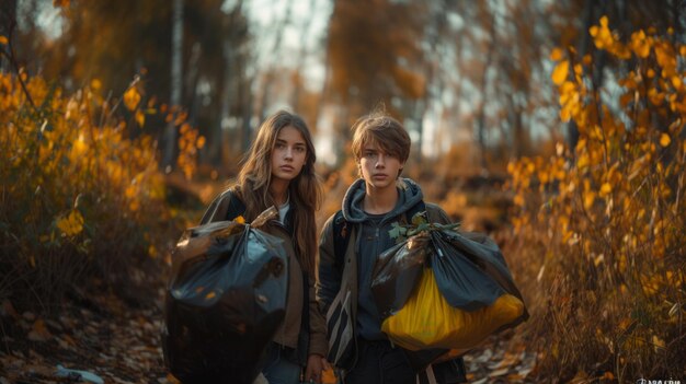 Young people recycling and doing outdoor waste and garbage cleaning