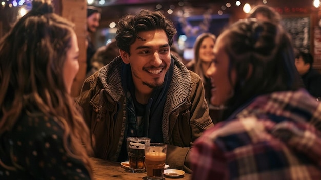 Young people sitting in a bar laughing and talking in the evening