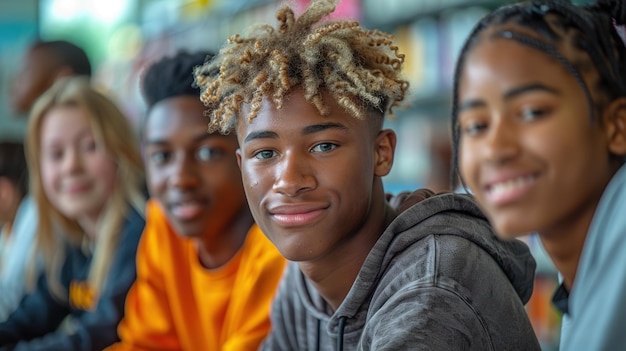 Young people sitting next to each other in a group