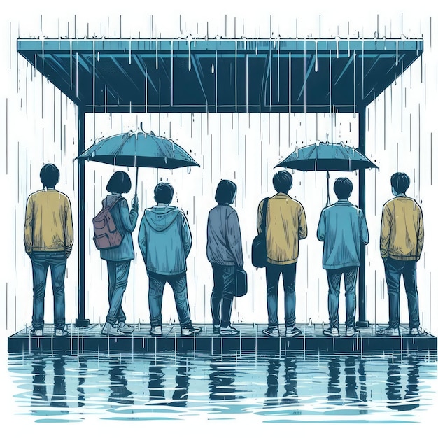 Young people standing at a bus stop in the rain