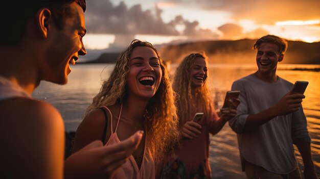 Photo young people take group selfies with smartphones behind a beautiful sunset and ocean