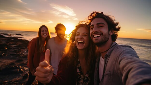 Foto i giovani si fanno dei selfie di gruppo con gli smartphone dietro un bellissimo tramonto e l'oceano