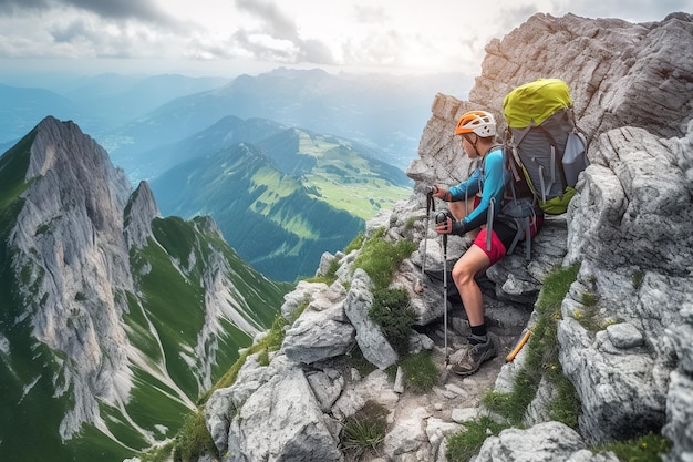 The young people of the traveler are sitting on the rock stone to appreciate the natural landscape of the mountains