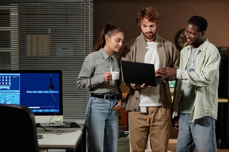 Photo young people using laptop in office at night