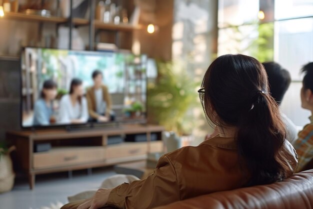 Young people watching movies on TV sitting on sofa in living room Back view