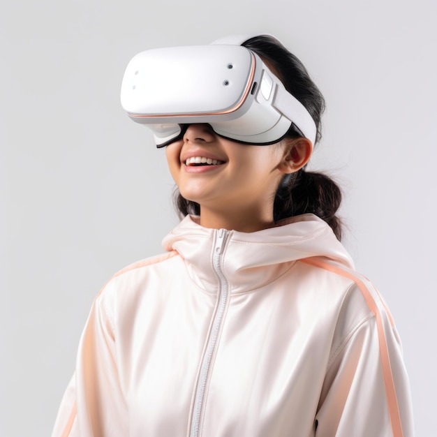 Young people wear visual goggle watching multi media in white background