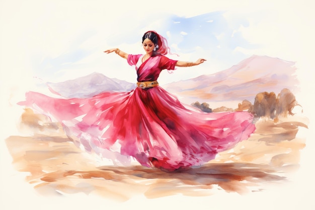 젊은 페르시아 여성이 전통 의상을 입고 노르우즈를 축하하고 춤을 춘 수채화 일러스트레이션