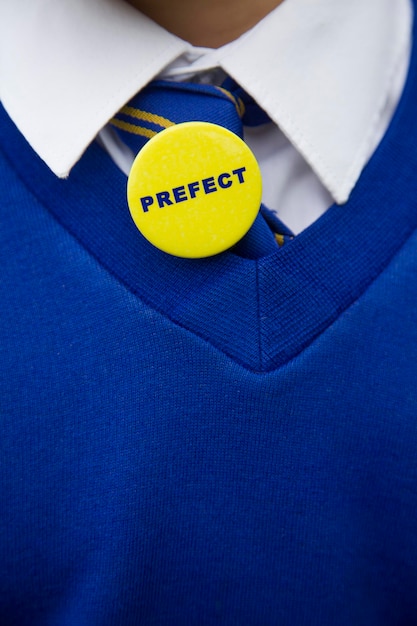 Young person in blue school uniform with a prefect badge