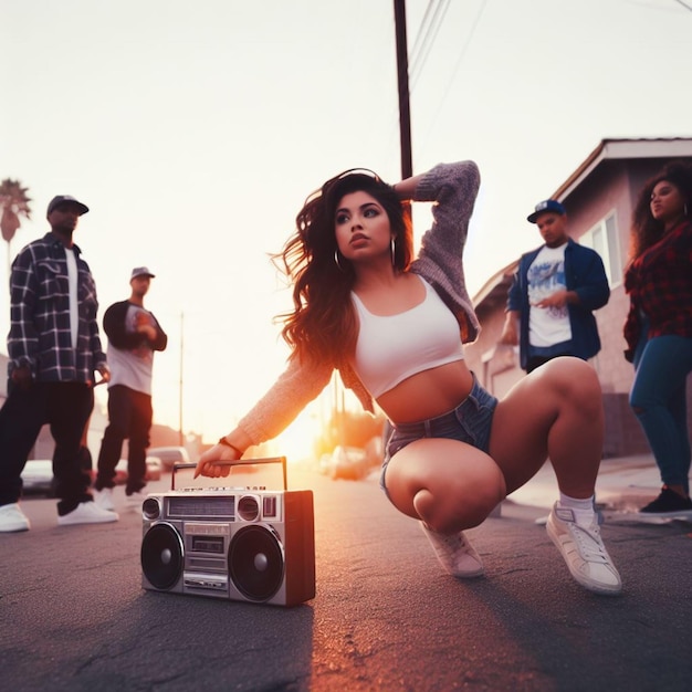 young person break dance near a ghetto blaster in the street of the neighborhood at sunset