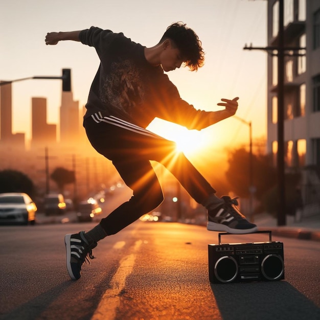 young person break dance near a ghetto blaster in the street of the neighborhood at sunset