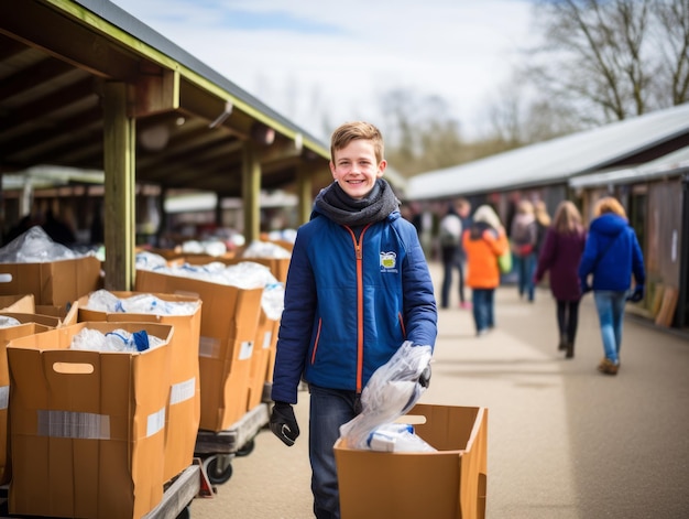 Young person carrying bags of recyclables to a dedicated bin