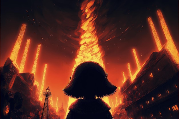 A young person holds a blazing torch amidst a bizarre metropolis where buildings appear to be upside