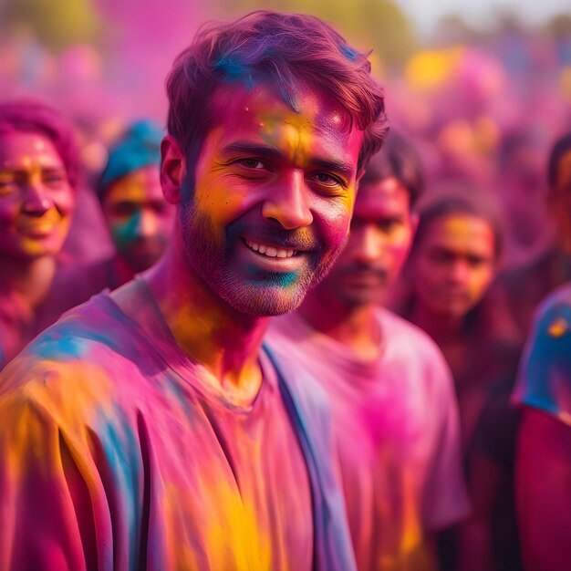 A young person looking at the camera and smiling in a holi festival background