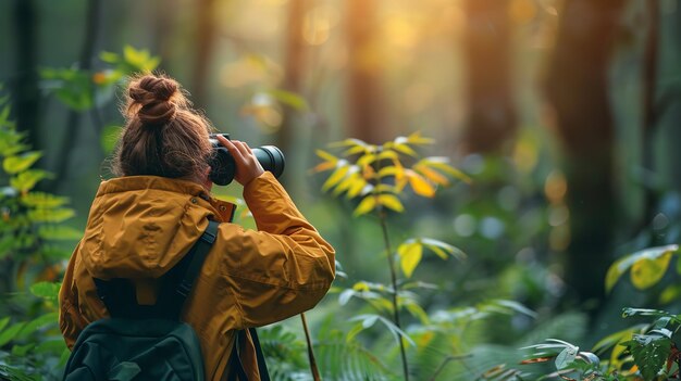 A young person looking with binoculars at the forest and its animals Generative Ai