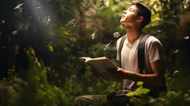 Young Person reading a book in a magical forest with sunlight filtering through trees