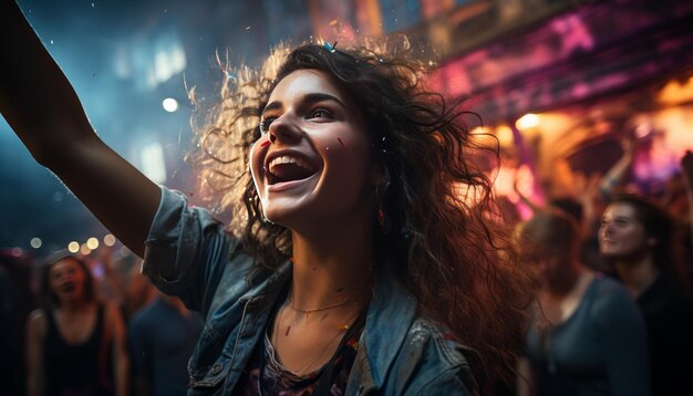 young person in underground disco enjoying and dancing on the dancefloorneon lights