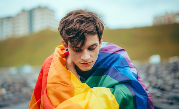 Young person wrapped in rainbow flag outdoors