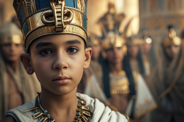 A young pharaohs gaze conveys ancient wisdom standing before a loyal procession clad in golden regalia