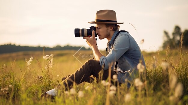 草原に座って写真を撮る若い写真家