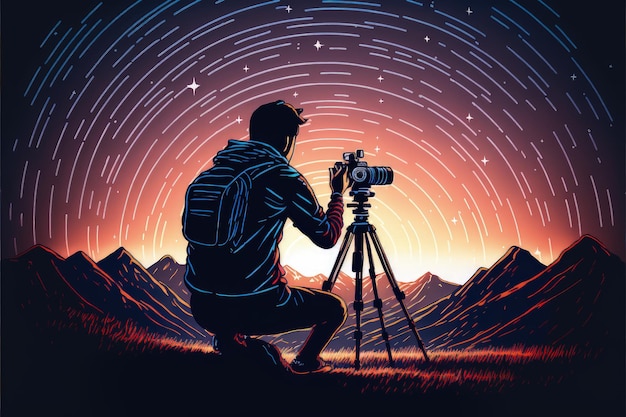 Young photographer taking picture of sunrise sky with star trails digital art style illustration painting fantasy concept of a young photographer taking picture