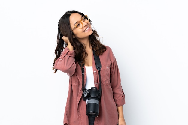 Young photographer woman isolated