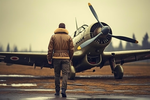 Photo young pilot standing near his old airplane