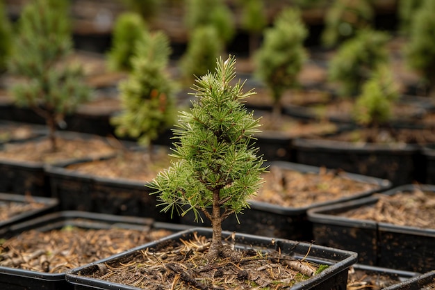 Young pine tree sapling growing in a tree nursery setting