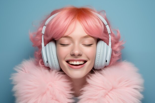 Young pink haired woman over isolated colorful background listening music with headphones