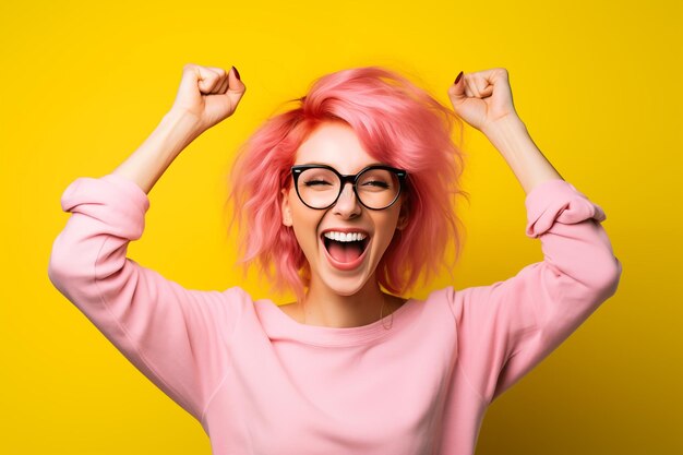 Photo young pink haired woman over isolated colorful background with glasses