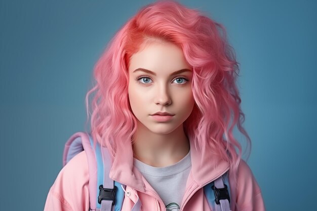 学生のバックパックと孤立したカラフルな背景の上の若いピンクの髪の女性