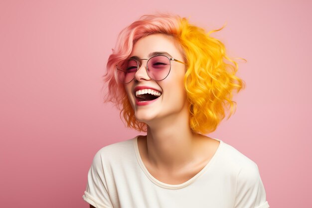 Young pink haired woman over isolated colorful background with sunglasses