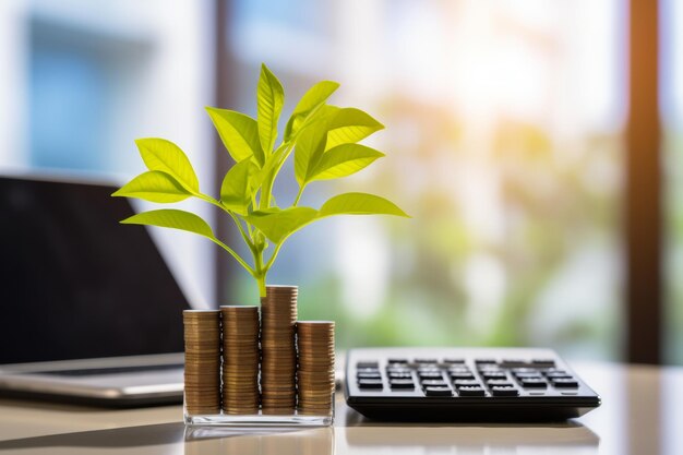 Young plant atop stacked coins on a calculator symbolizing investment growth