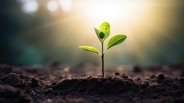 Young plant growing from fertile soil with sunlight behind it for green life and ecology concept