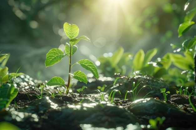 太陽の光で庭で育つ若い植物