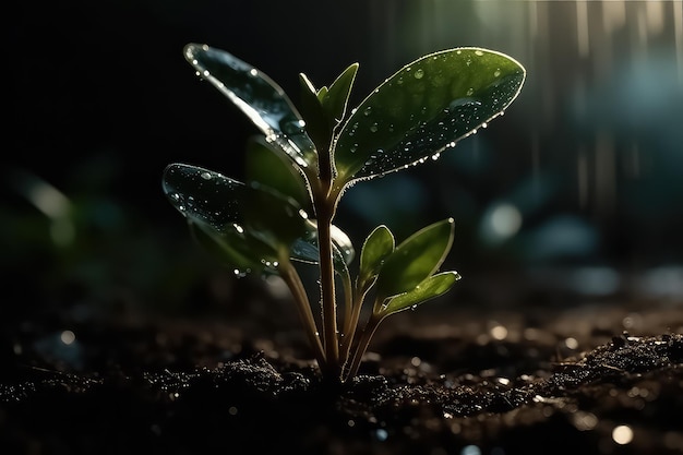 Young plant growing in the morning and green nature bokeh background AI