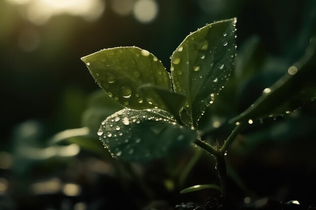 Young plant growing in the morning and green nature bokeh background AI