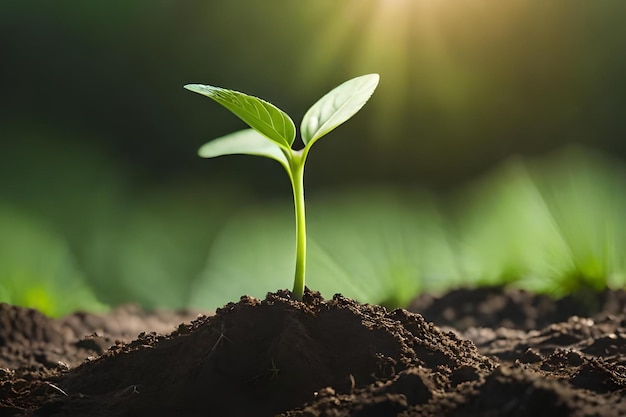 A young plant growing in a soil with the sun behind it