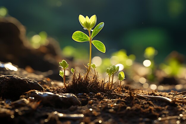 太陽の光で育つ若い植物 AIが生成された