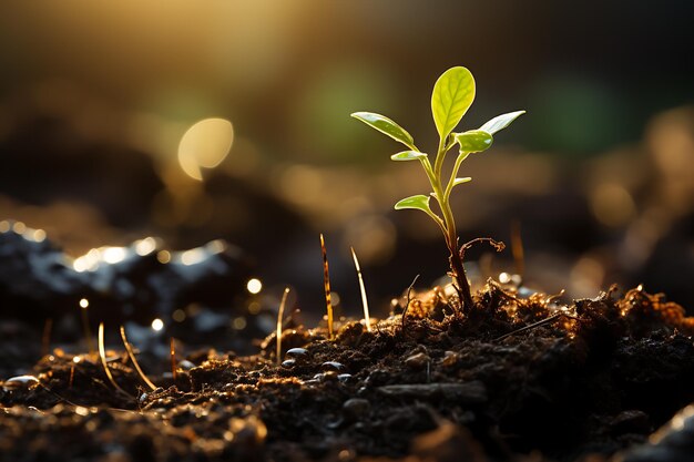 太陽の光で育つ若い植物 AIが生成された